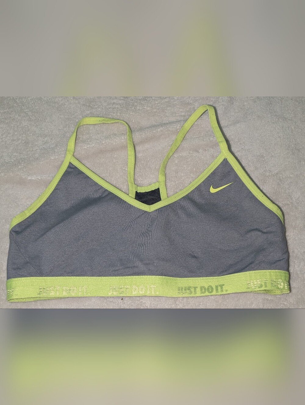 Nike Just Do It Grey and Neon Green Sports Bra Sz. L